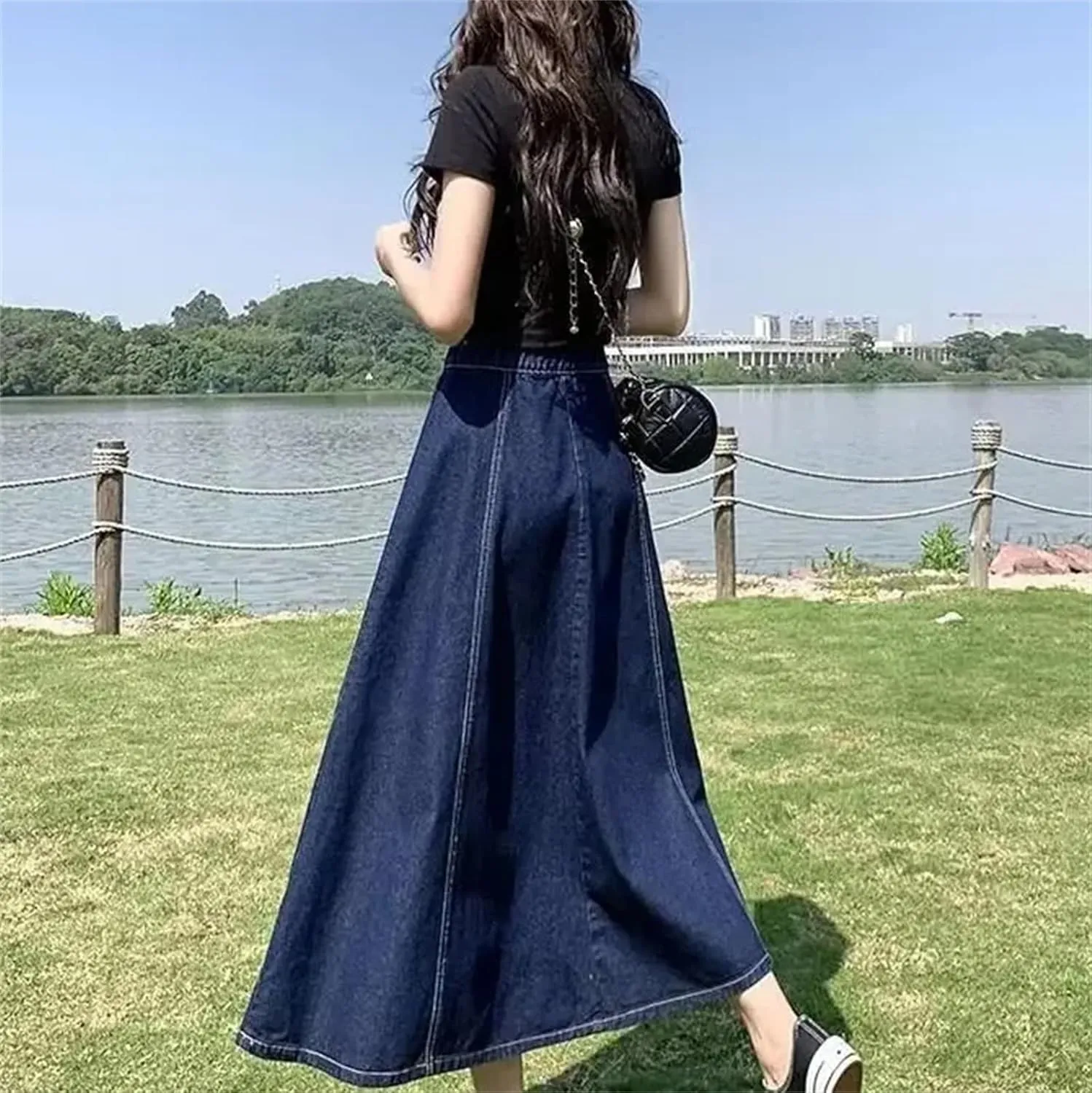 Women's High-Waisted A-Line Denim Skirt  Casual Versatile Medium-Length Summer Dress with Stretch High Waist