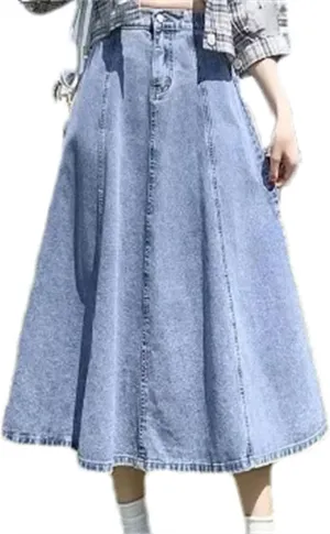 Women's High-Waisted A-Line Denim Skirt  Casual Versatile Medium-Length Summer Dress with Stretch High Waist