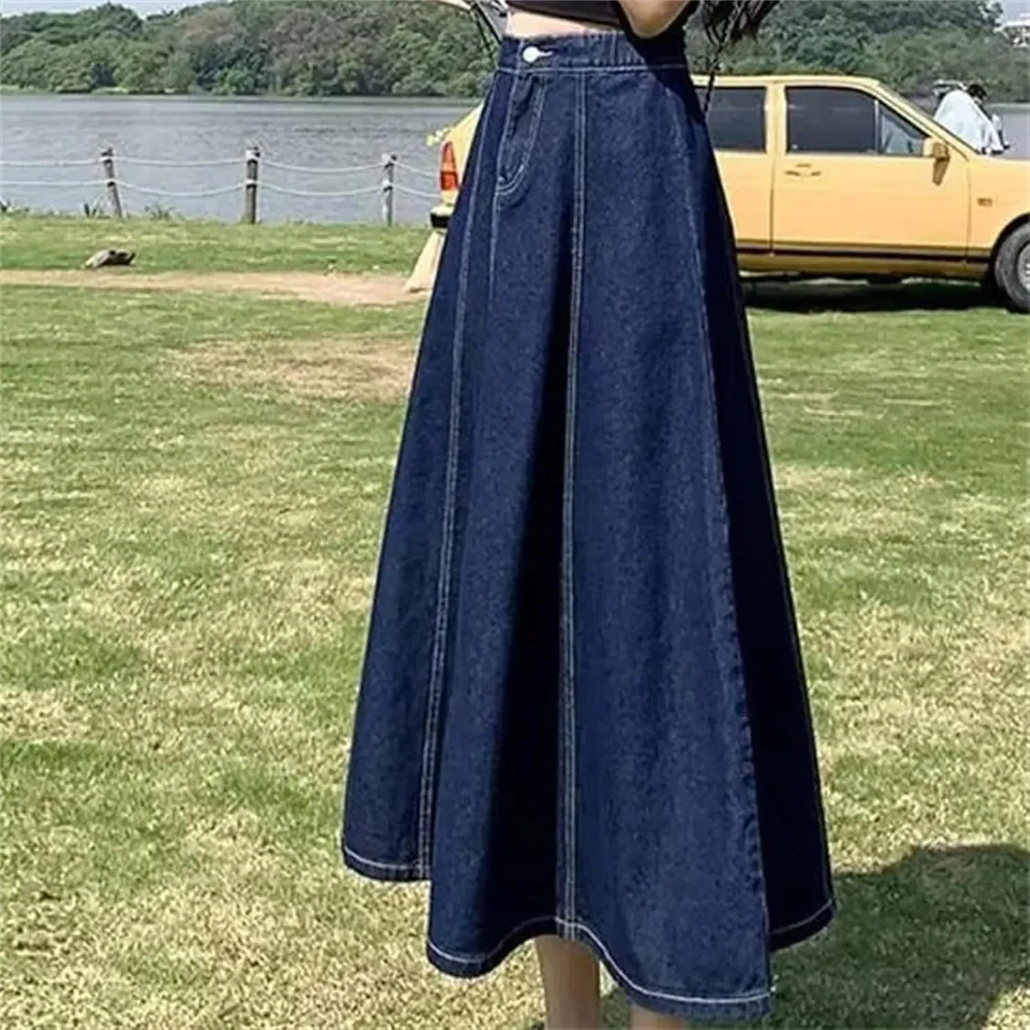 Women's High-Waisted A-Line Denim Skirt  Casual Versatile Medium-Length Summer Dress with Stretch High Waist