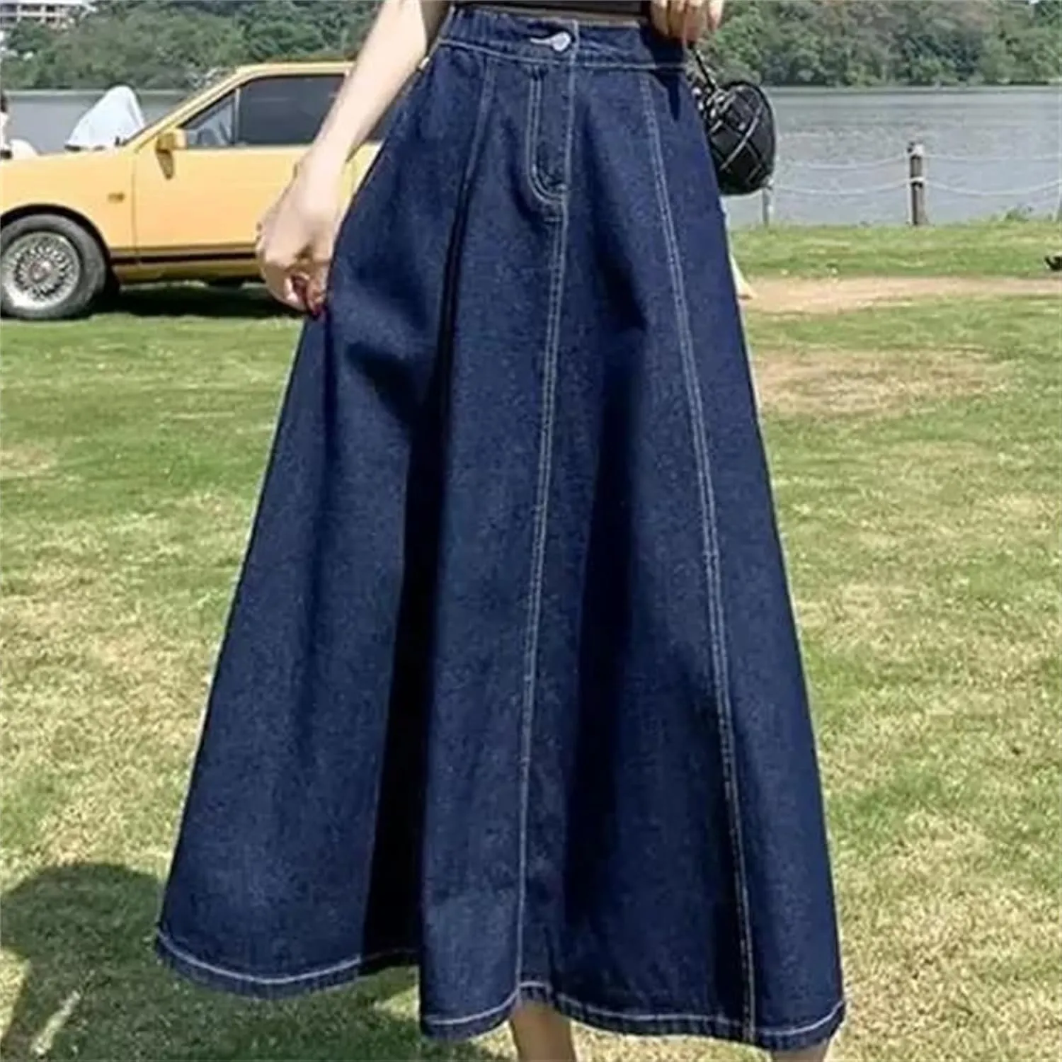 Women's High-Waisted A-Line Denim Skirt  Casual Versatile Medium-Length Summer Dress with Stretch High Waist