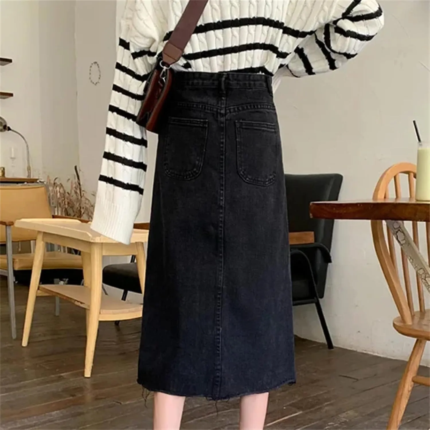 Women's High-Waisted Denim Skirt  Spring Summer Slimming Versatile Fringe A-Line Vintage Hip Wrap Dress