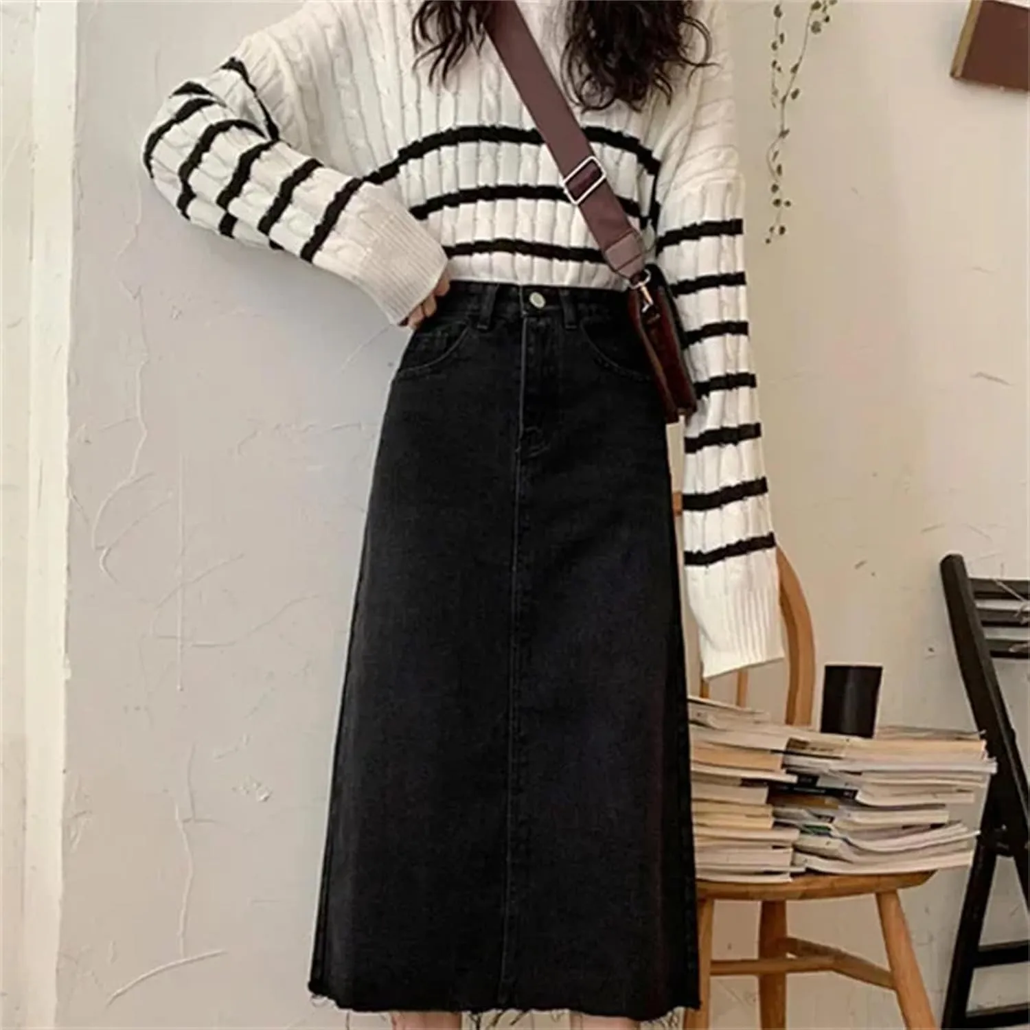 Women's High-Waisted Denim Skirt  Spring Summer Slimming Versatile Fringe A-Line Vintage Hip Wrap Dress