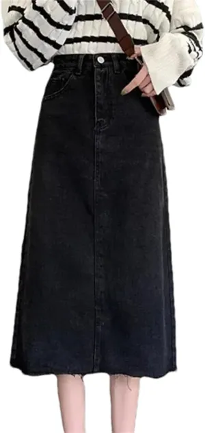 Women's High-Waisted Denim Skirt  Spring Summer Slimming Versatile Fringe A-Line Vintage Hip Wrap Dress