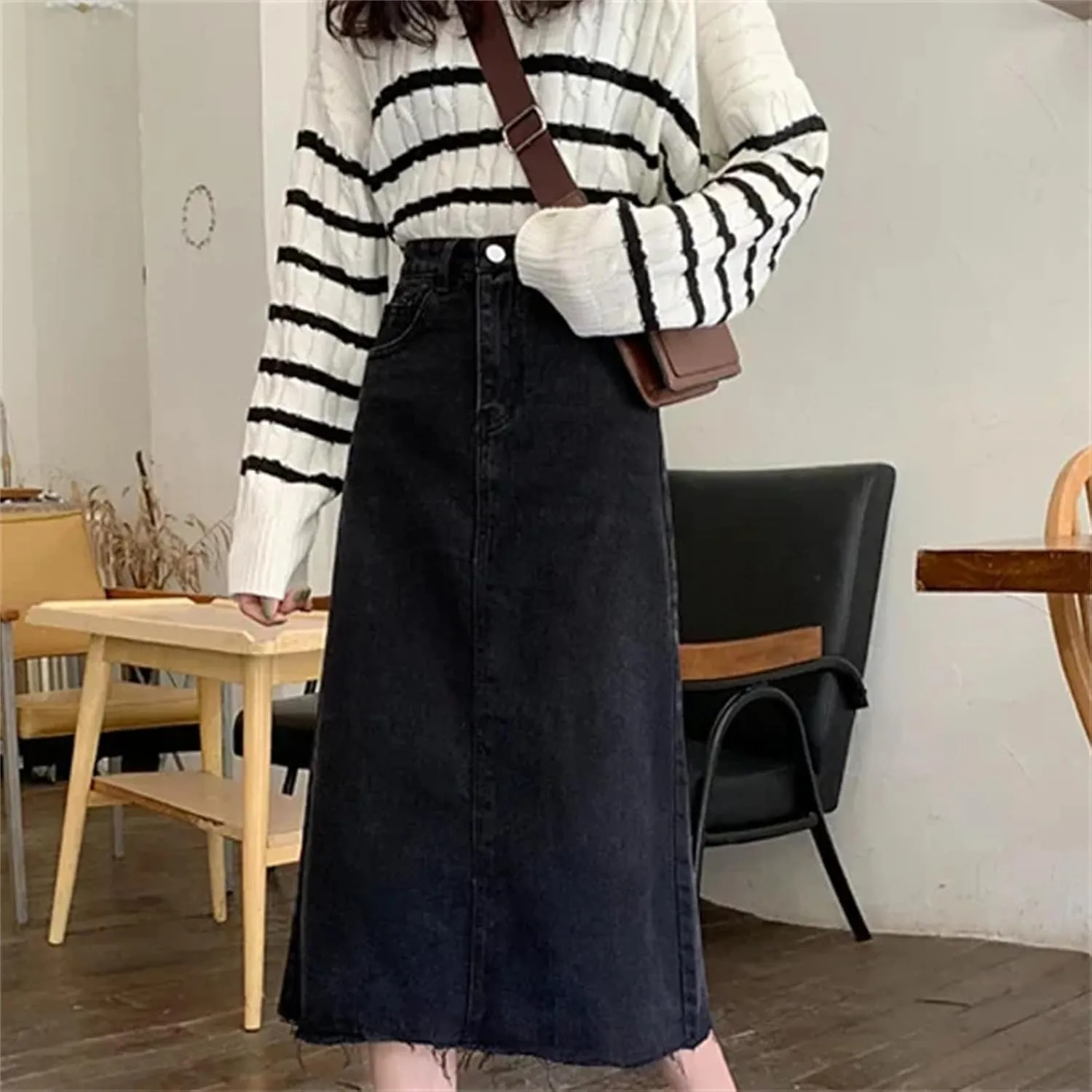 Women's High-Waisted Denim Skirt  Spring Summer Slimming Versatile Fringe A-Line Vintage Hip Wrap Dress