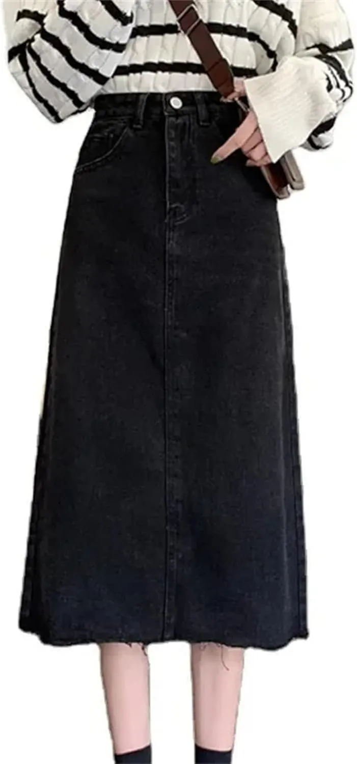 Women's High-Waisted Denim Skirt  Spring Summer Slimming Versatile Fringe A-Line Vintage Hip Wrap Dress
