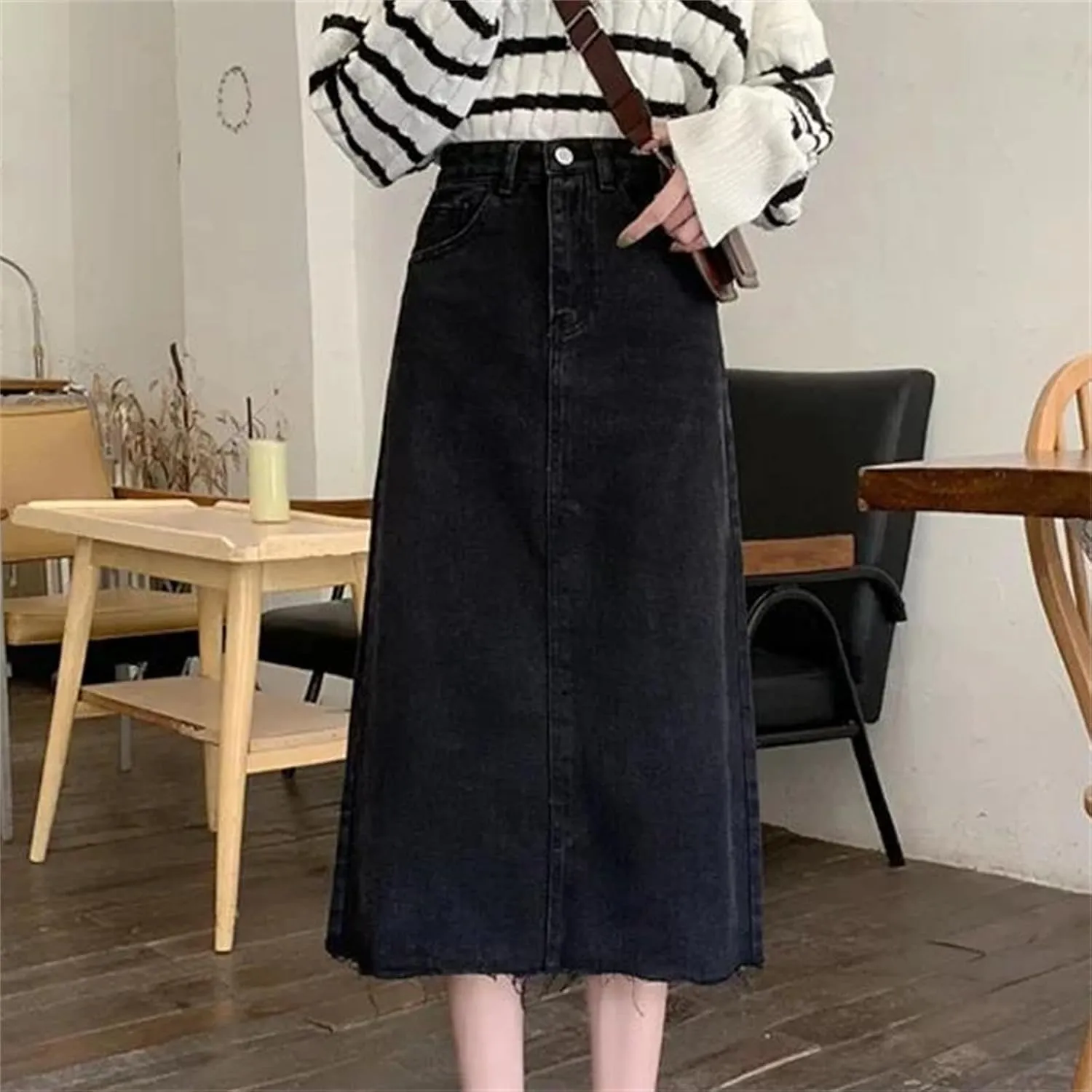 Women's High-Waisted Denim Skirt  Spring Summer Slimming Versatile Fringe A-Line Vintage Hip Wrap Dress