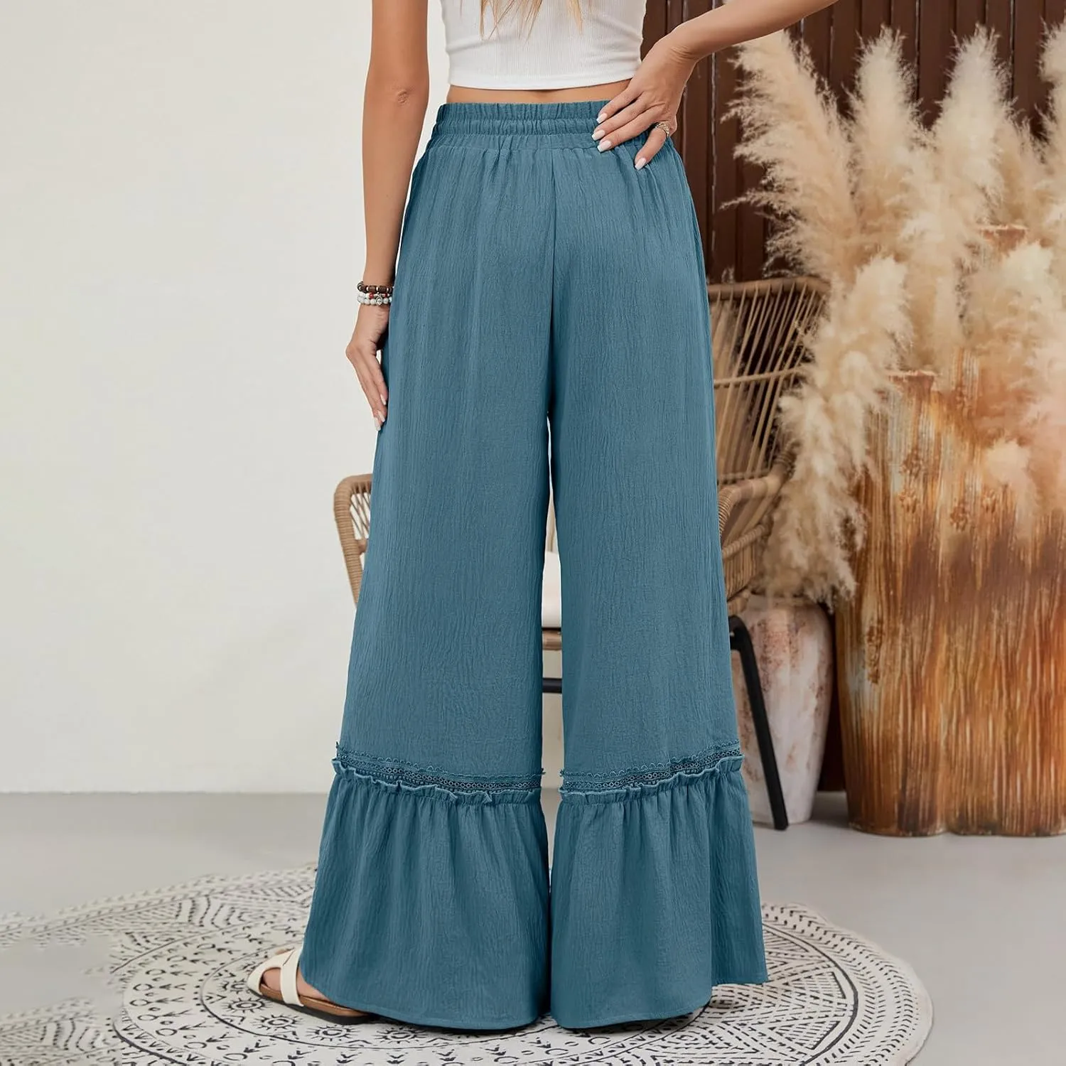 Womens High Waisted Wide Leg Pants Palazzo Beach Trousers Lace Flowy Summer Outfits High Waisted Ruffle Hem Pant