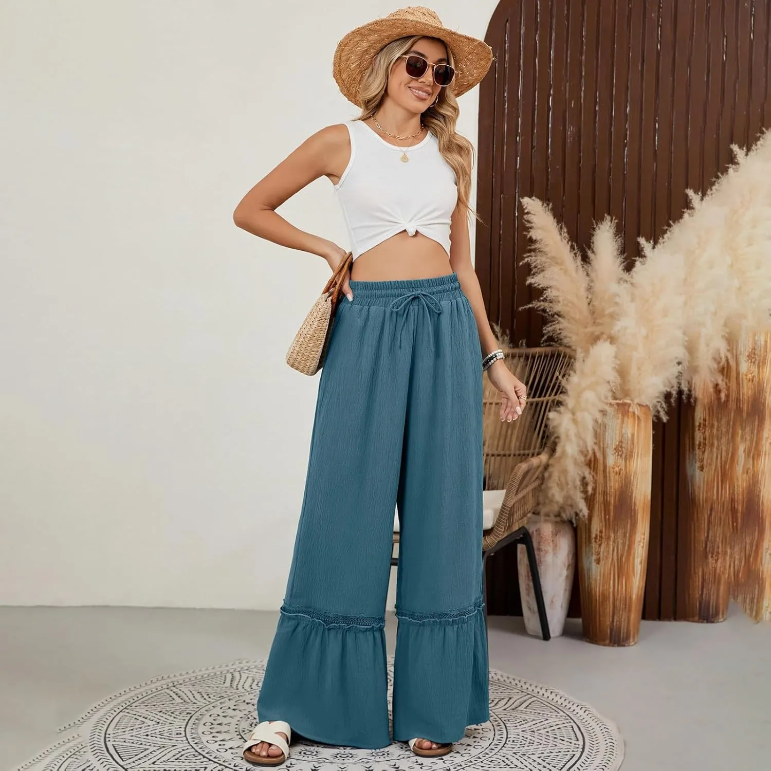 Womens High Waisted Wide Leg Pants Palazzo Beach Trousers Lace Flowy Summer Outfits High Waisted Ruffle Hem Pant