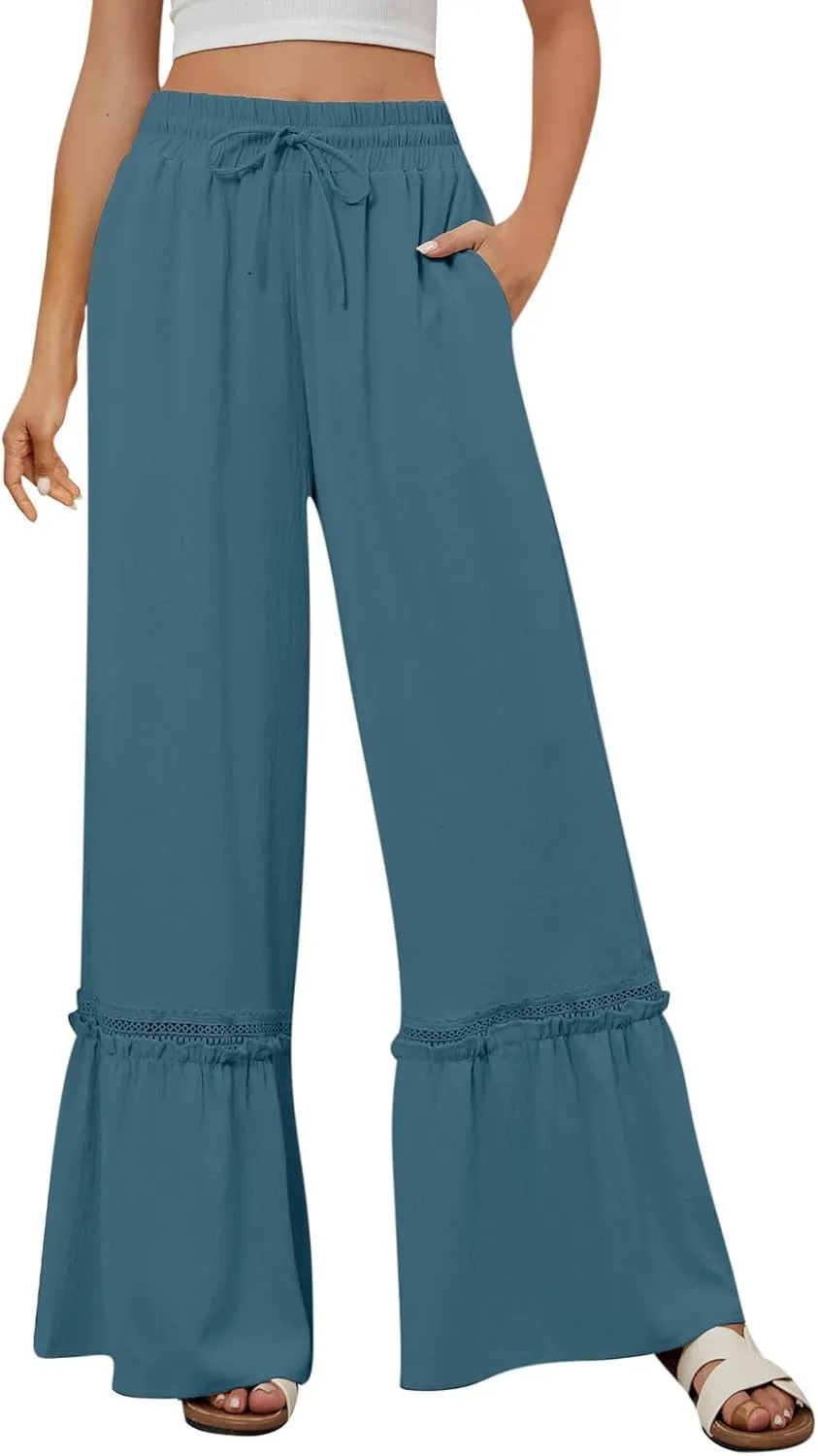 Womens High Waisted Wide Leg Pants Palazzo Beach Trousers Lace Flowy Summer Outfits High Waisted Ruffle Hem Pant