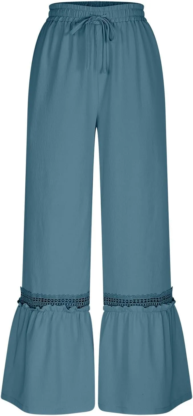 Womens High Waisted Wide Leg Pants Palazzo Beach Trousers Lace Flowy Summer Outfits High Waisted Ruffle Hem Pant