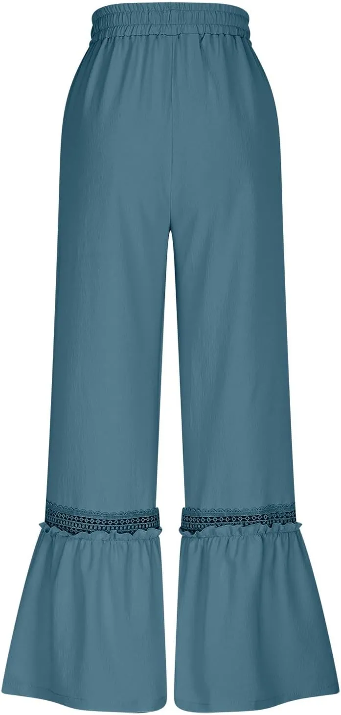Womens High Waisted Wide Leg Pants Palazzo Beach Trousers Lace Flowy Summer Outfits High Waisted Ruffle Hem Pant