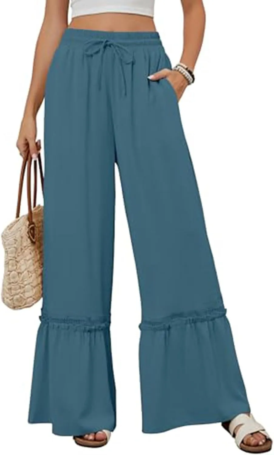 Womens High Waisted Wide Leg Pants Palazzo Beach Trousers Lace Flowy Summer Outfits High Waisted Ruffle Hem Pant