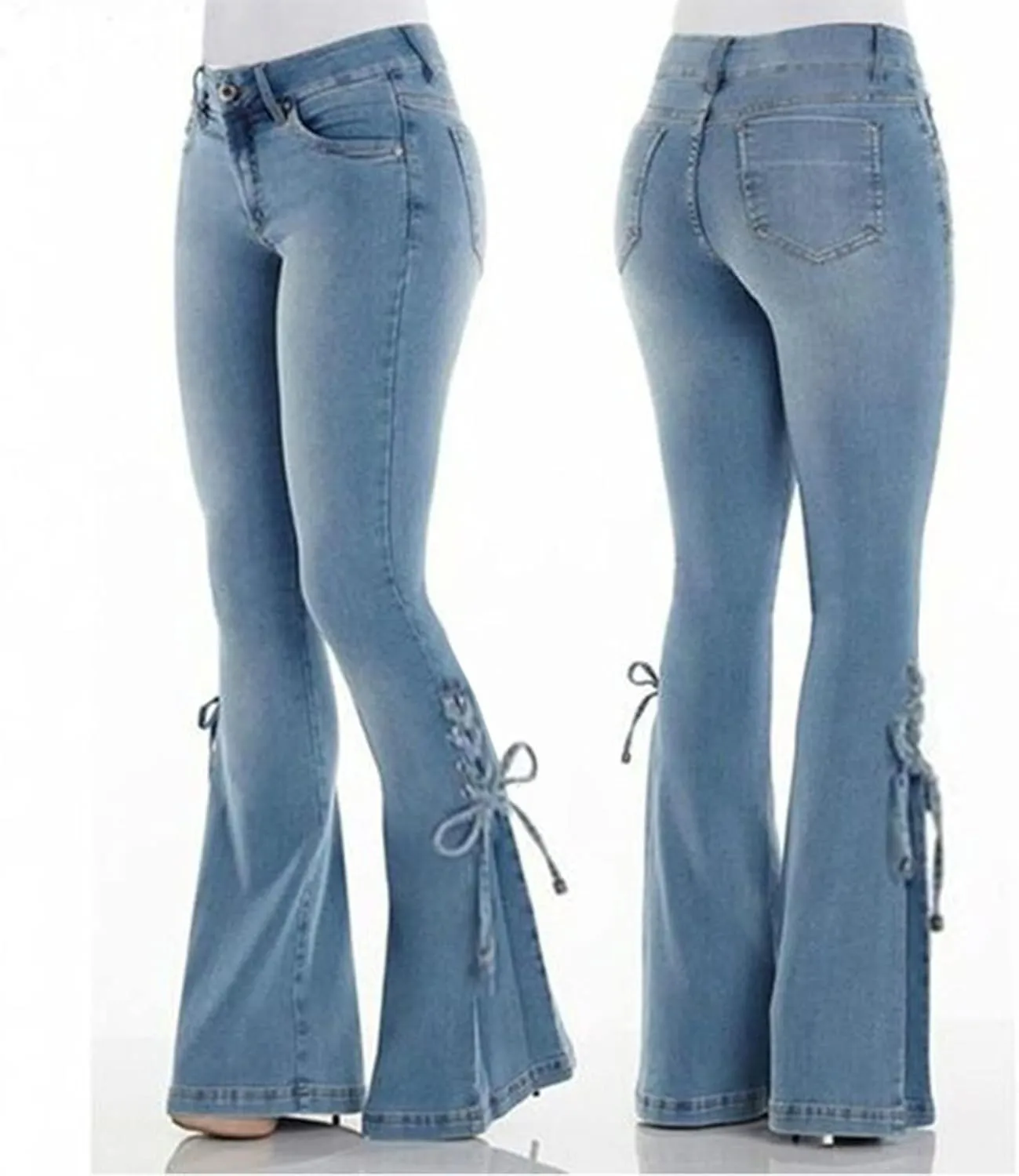 Women's Lace-Up Bell Bottom Denim Pants Mid Waist Stretchy Flare Jeans Vintage Baggy Trousers with Pocket Streetwear
