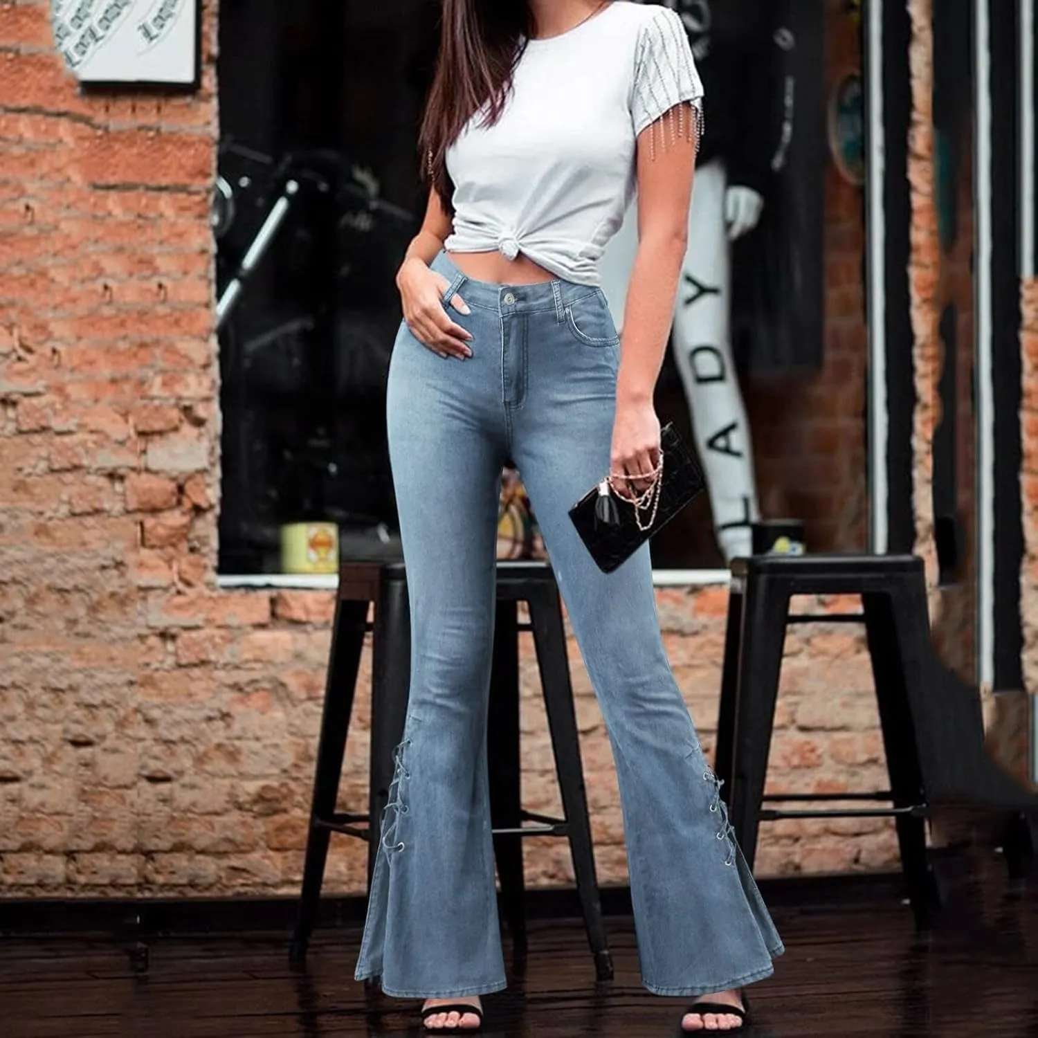 Women's Lace-Up Bell Bottom Denim Pants Mid Waist Stretchy Flare Jeans Vintage Baggy Trousers with Pocket Streetwear