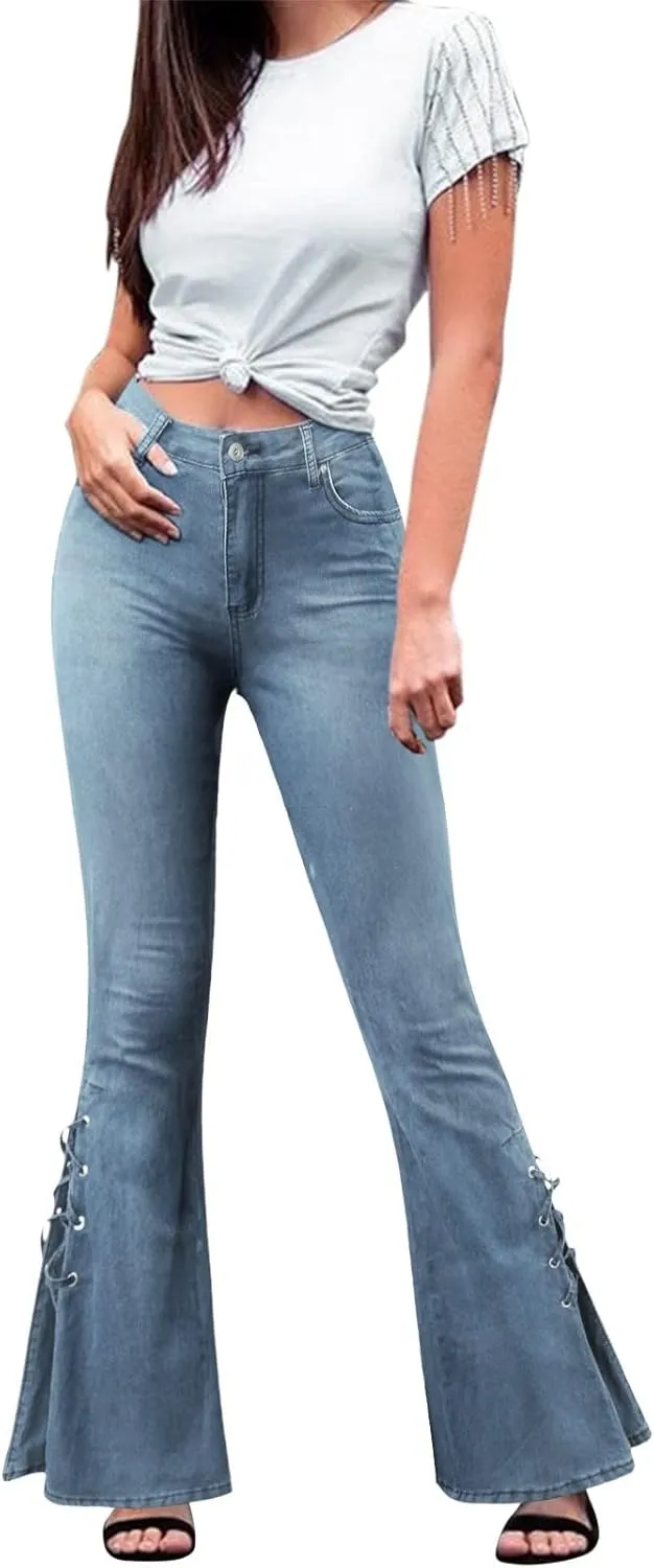 Women's Lace-Up Bell Bottom Denim Pants Mid Waist Stretchy Flare Jeans Vintage Baggy Trousers with Pocket Streetwear