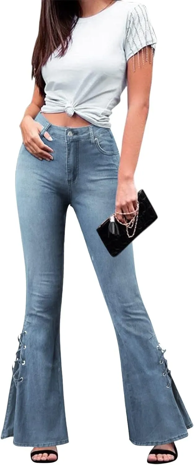 Women's Lace-Up Bell Bottom Denim Pants Mid Waist Stretchy Flare Jeans Vintage Baggy Trousers with Pocket Streetwear