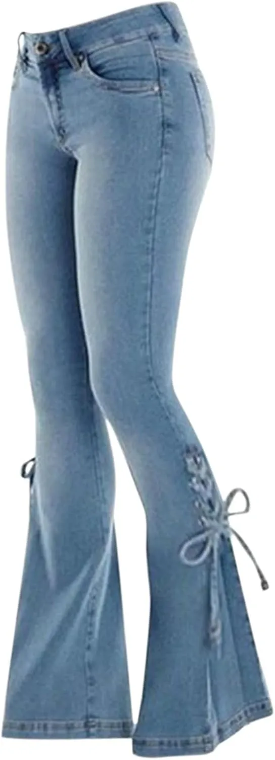 Women's Lace-Up Bell Bottom Denim Pants Mid Waist Stretchy Flare Jeans Vintage Baggy Trousers with Pocket Streetwear