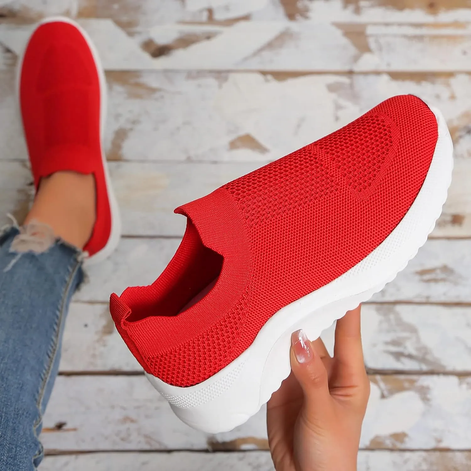 Womens Lightweight Slip On Platform Shoes Black Fashionable Fly Woven Mesh Breathable Casual Sports Footwear Comfortable Solid Red for