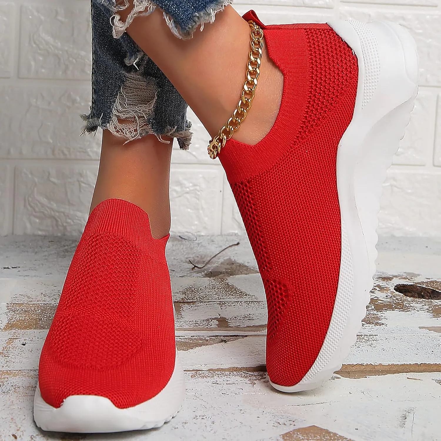 Womens Lightweight Slip On Platform Shoes Black Fashionable Fly Woven Mesh Breathable Casual Sports Footwear Comfortable Solid Red for