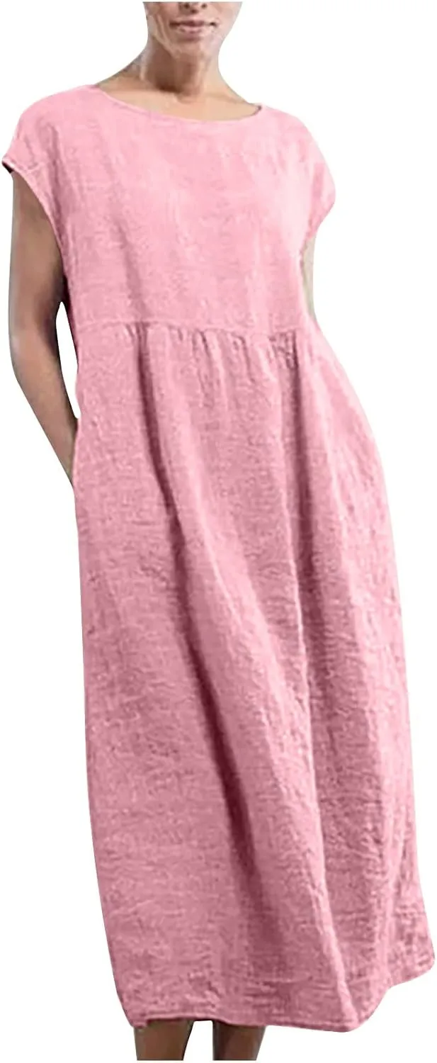 Womens Linen Dresses 2024 Sleeveless Solid Color Crewneck Maxi Dress Slim Fit Tunic Comfy Casual Spring Dresses