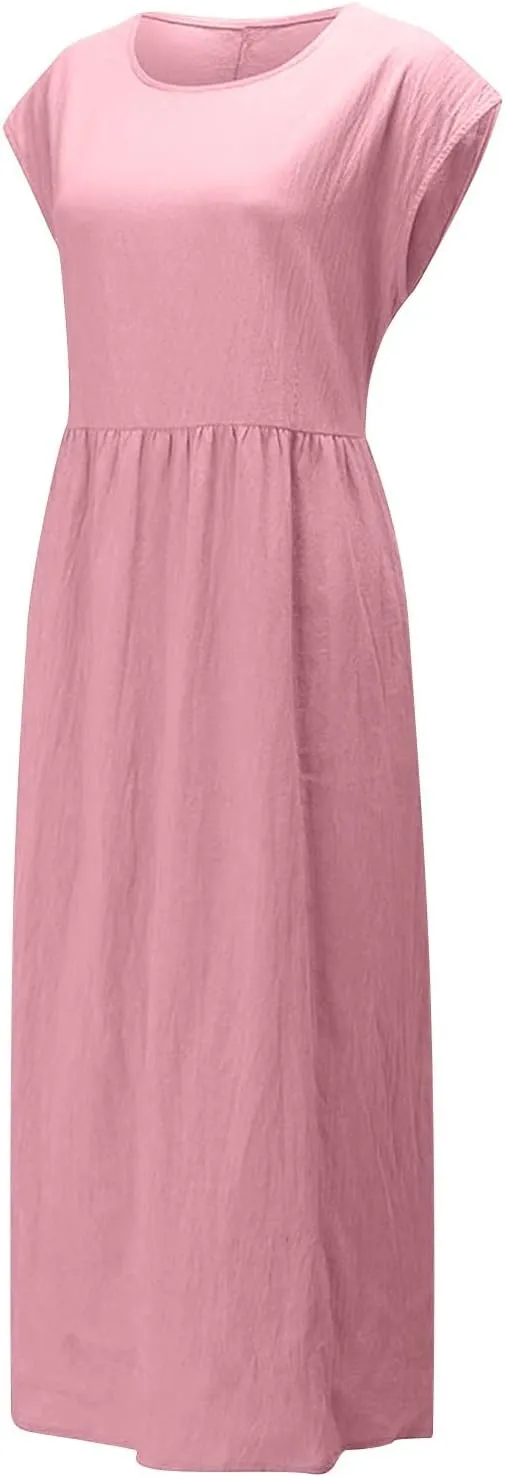 Womens Linen Dresses 2024 Sleeveless Solid Color Crewneck Maxi Dress Slim Fit Tunic Comfy Casual Spring Dresses