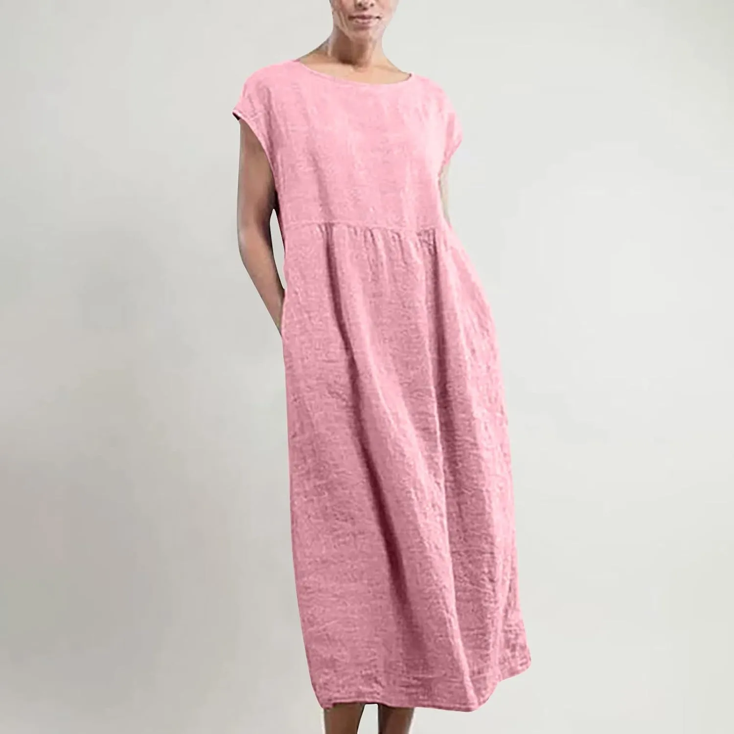 Womens Linen Dresses 2024 Sleeveless Solid Color Crewneck Maxi Dress Slim Fit Tunic Comfy Casual Spring Dresses