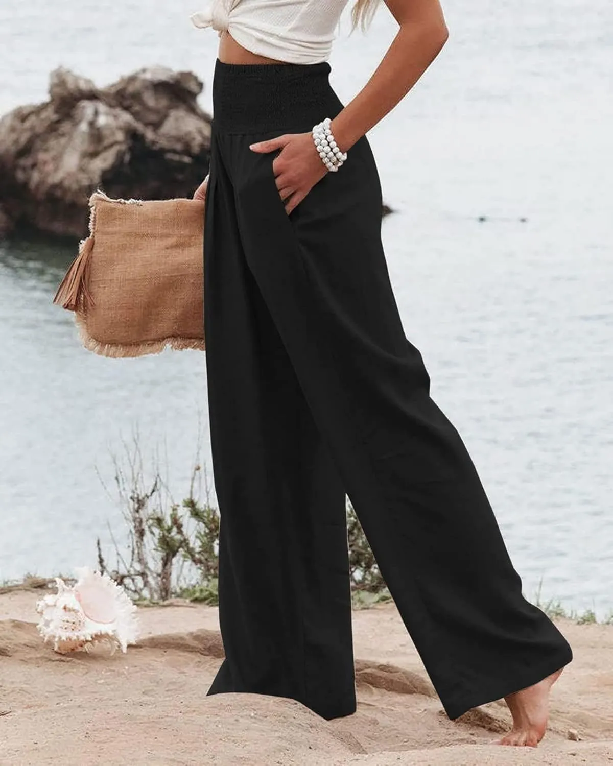 Women's Linen Palazzo Pants Summer High Waisted Boho Wide Leg Long Lounge Pant Trousers with Pocket