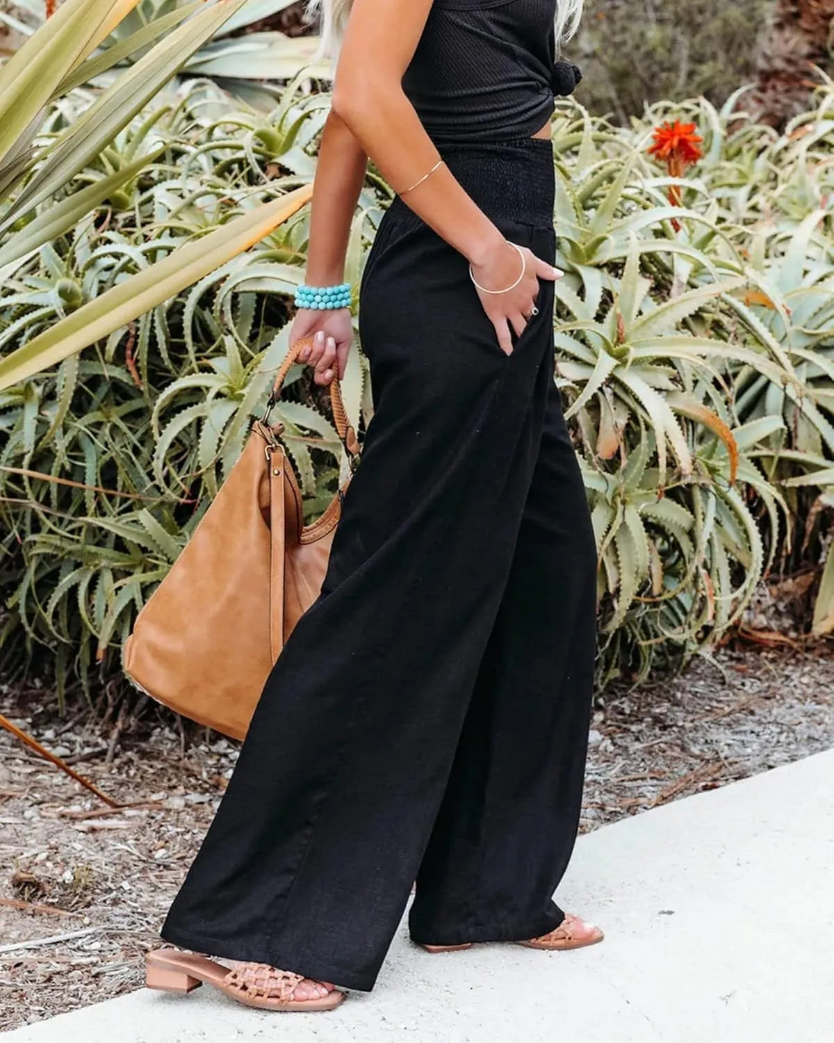 Women's Linen Palazzo Pants Summer High Waisted Boho Wide Leg Long Lounge Pant Trousers with Pocket