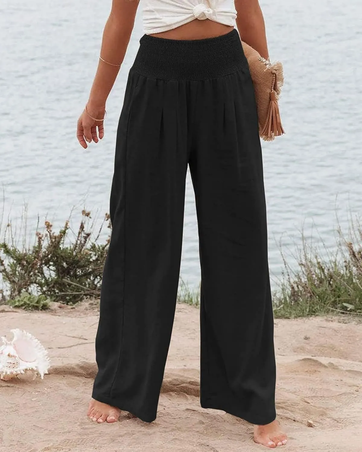Women's Linen Palazzo Pants Summer High Waisted Boho Wide Leg Long Lounge Pant Trousers with Pocket