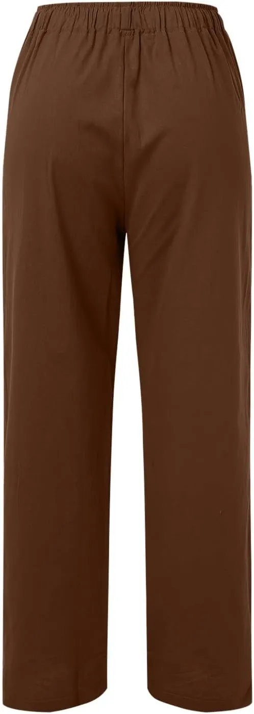 Women's Linen Pants Summer High Waisted Wide Leg Baggy Slacks Beach Lightweight Drawstring Solid Trendy Flowy Pant