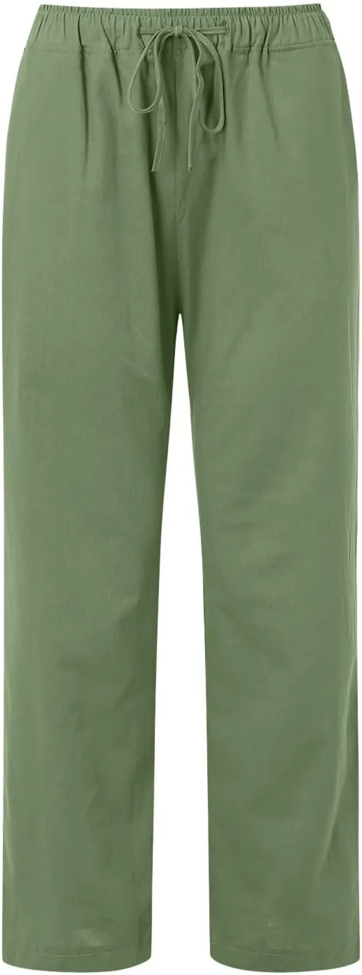 Women's Linen Pants Summer High Waisted Wide Leg Baggy Slacks Beach Lightweight Drawstring Solid Trendy Flowy Pant