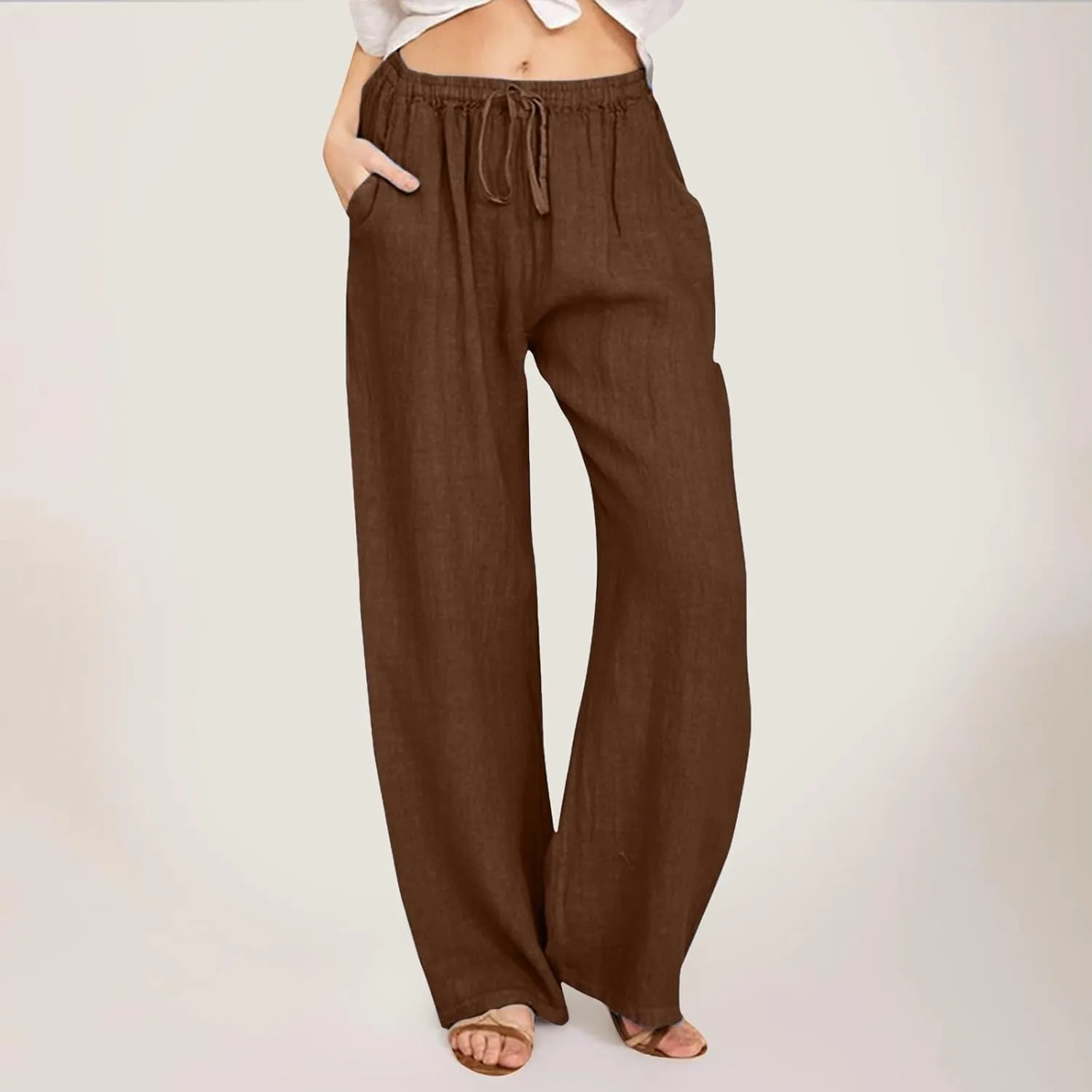Women's Linen Pants Summer High Waisted Wide Leg Baggy Slacks Beach Lightweight Drawstring Solid Trendy Flowy Pant