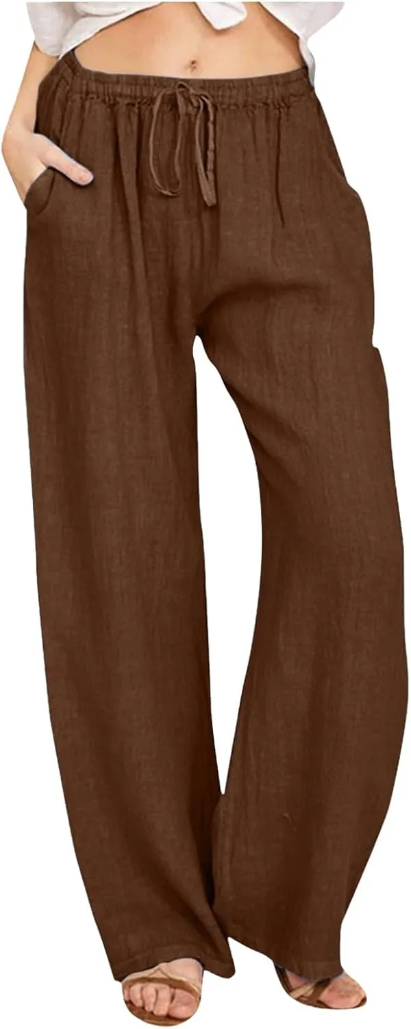 Women's Linen Pants Summer High Waisted Wide Leg Baggy Slacks Beach Lightweight Drawstring Solid Trendy Flowy Pant