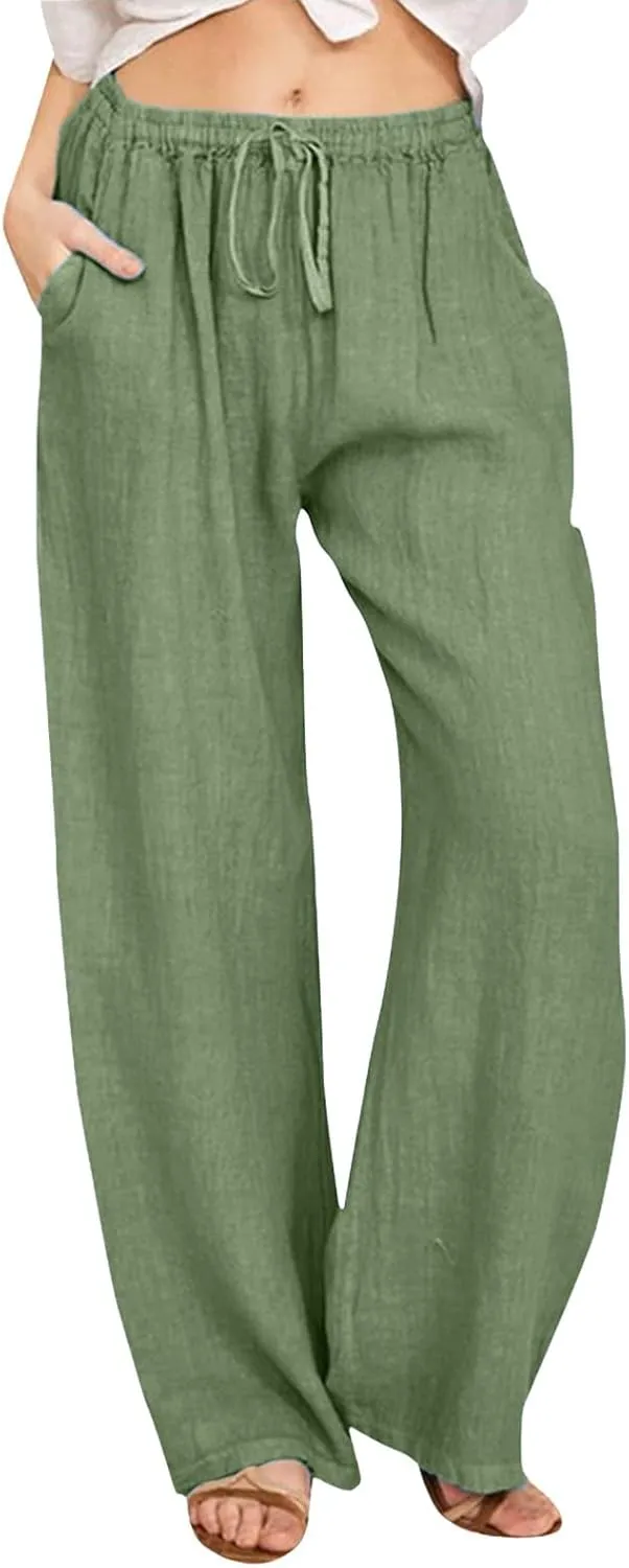 Women's Linen Pants Summer High Waisted Wide Leg Baggy Slacks Beach Lightweight Drawstring Solid Trendy Flowy Pant