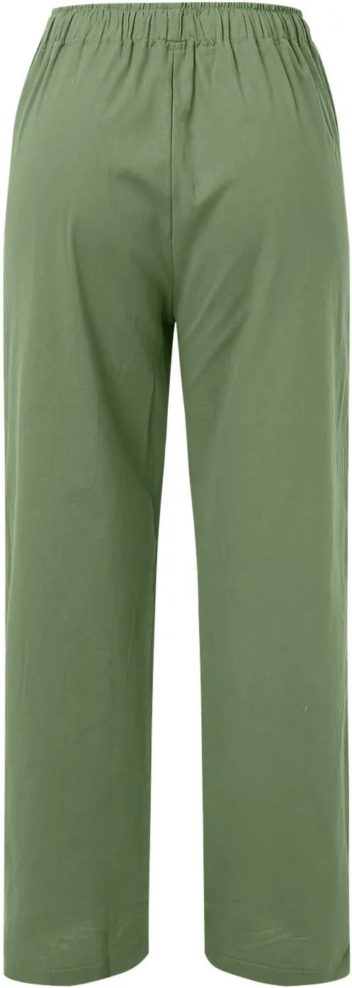 Women's Linen Pants Summer High Waisted Wide Leg Baggy Slacks Beach Lightweight Drawstring Solid Trendy Flowy Pant