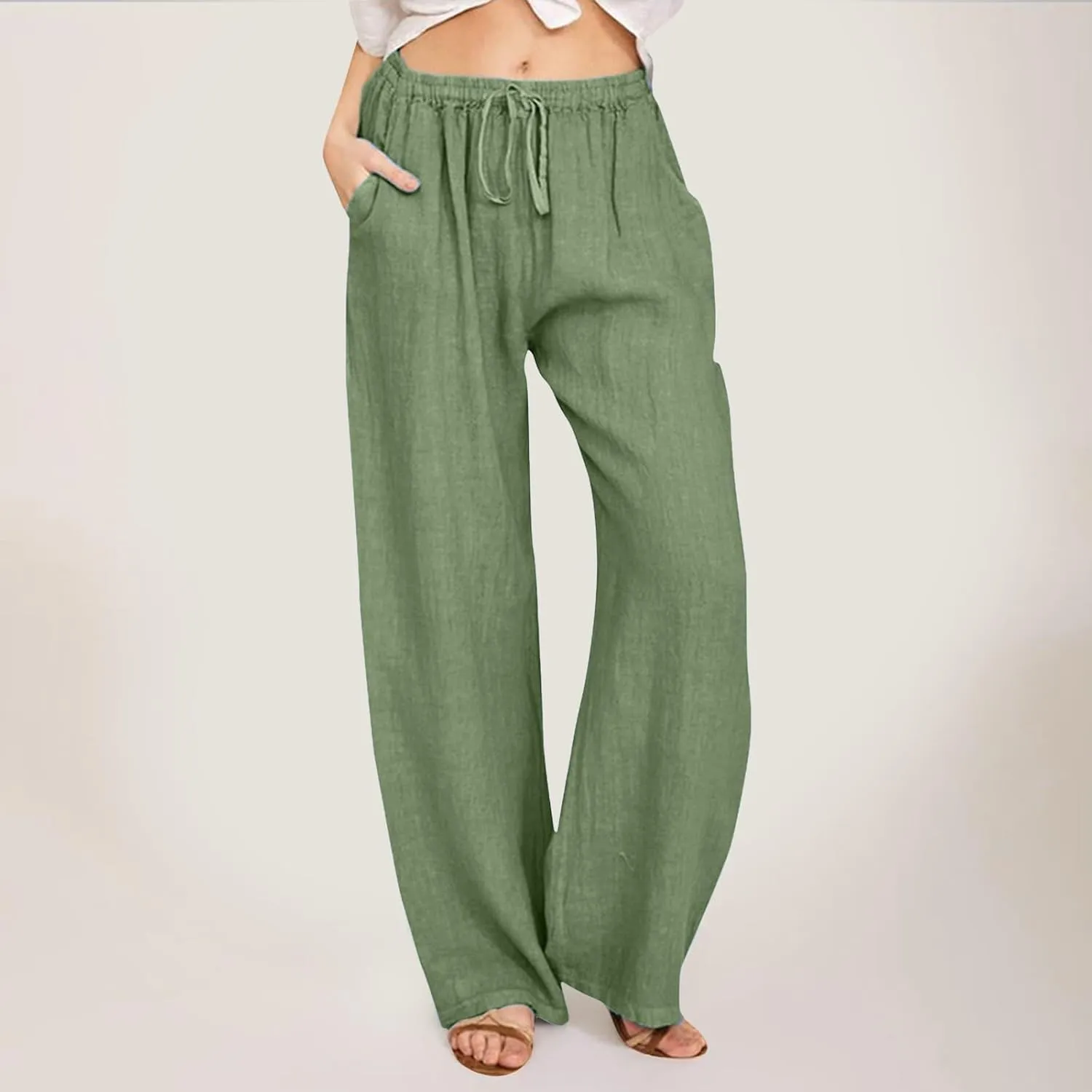 Women's Linen Pants Summer High Waisted Wide Leg Baggy Slacks Beach Lightweight Drawstring Solid Trendy Flowy Pant