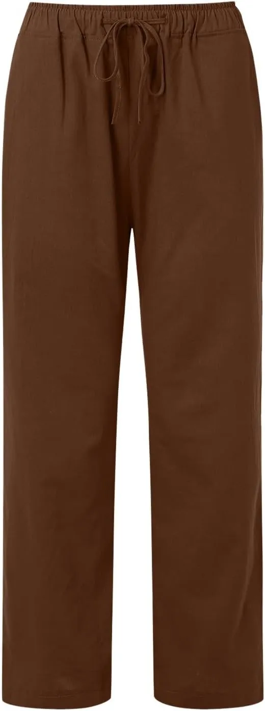 Women's Linen Pants Summer High Waisted Wide Leg Baggy Slacks Beach Lightweight Drawstring Solid Trendy Flowy Pant