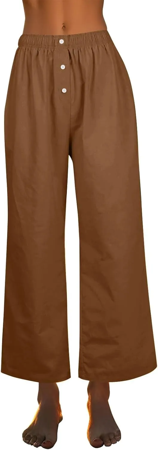 Women's Linen Pants Summer Wide Pants High Waist Trouser Loose Palazzo Pant Dressy with Pockets (S-2Xl)