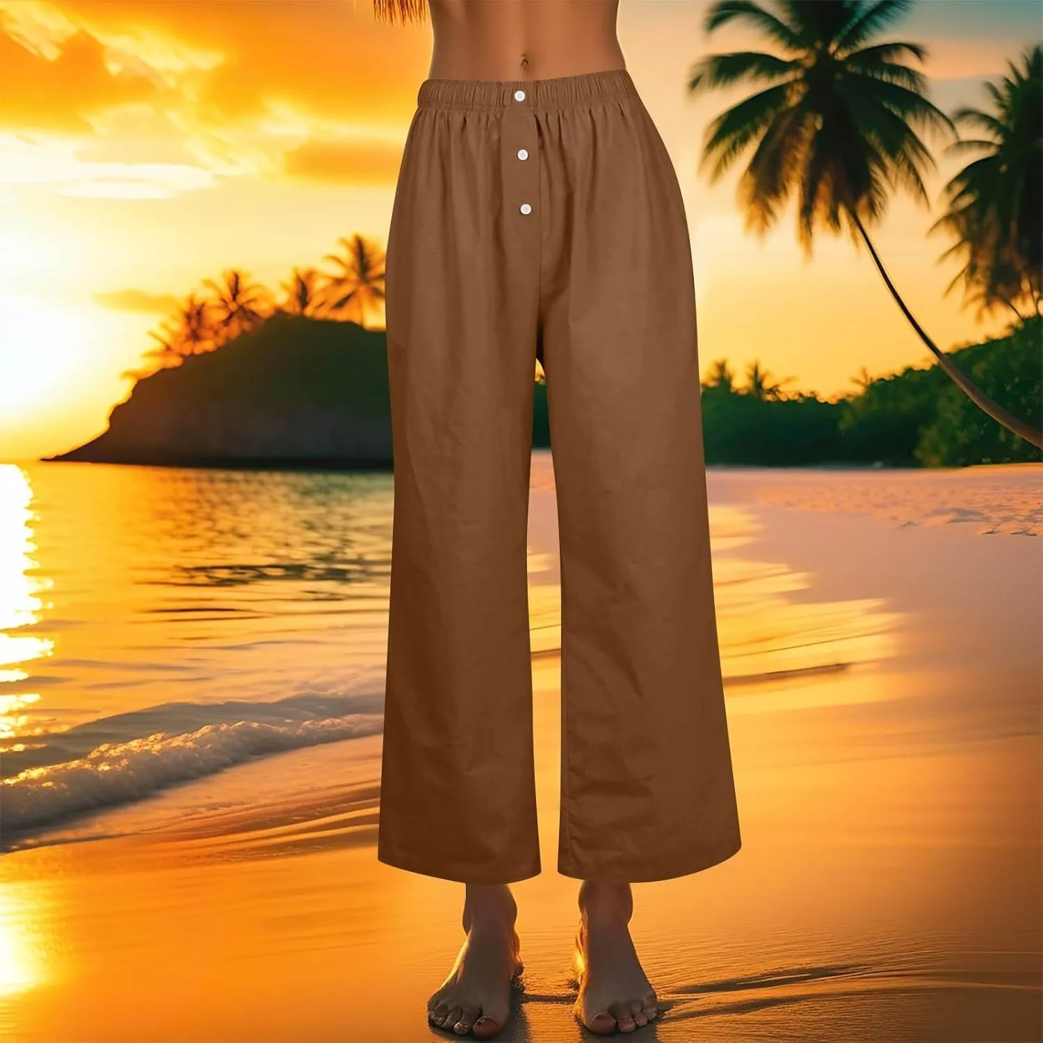 Women's Linen Pants Summer Wide Pants High Waist Trouser Loose Palazzo Pant Dressy with Pockets (S-2Xl)