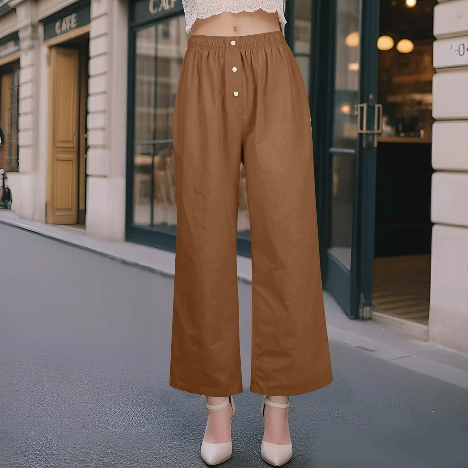 Women's Linen Pants Summer Wide Pants High Waist Trouser Loose Palazzo Pant Dressy with Pockets (S-2Xl)