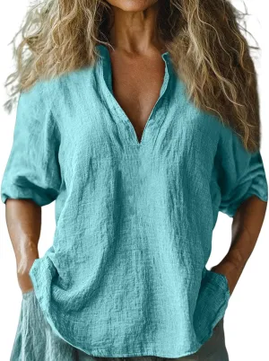 Womens Linen Shirts 3/4 Sleeve V Neck Plain T Shirts Summer Trendy Loose Fit Casual Tops Gauze Boho Blouses