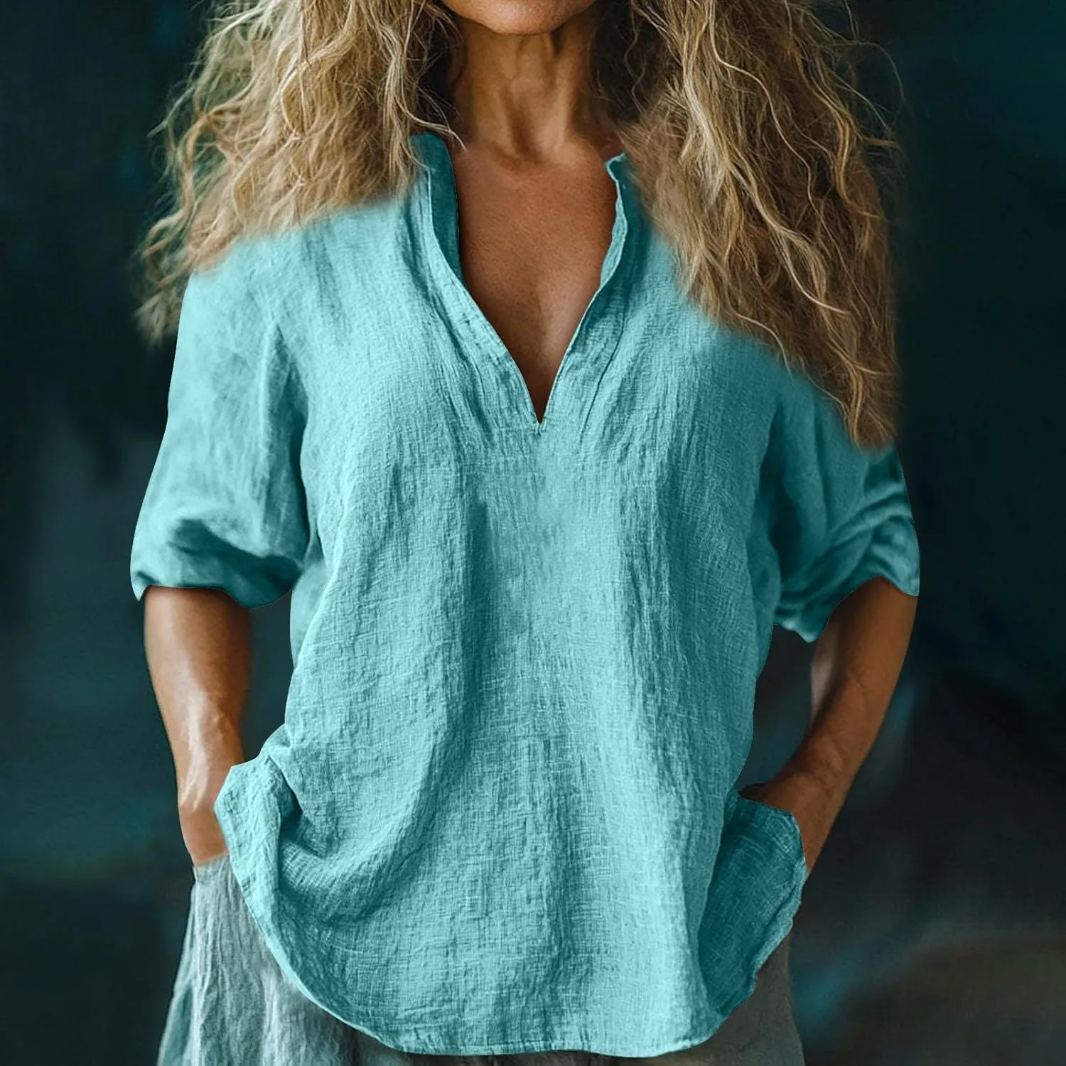 Womens Linen Shirts 3/4 Sleeve V Neck Plain T Shirts Summer Trendy Loose Fit Casual Tops Gauze Boho Blouses