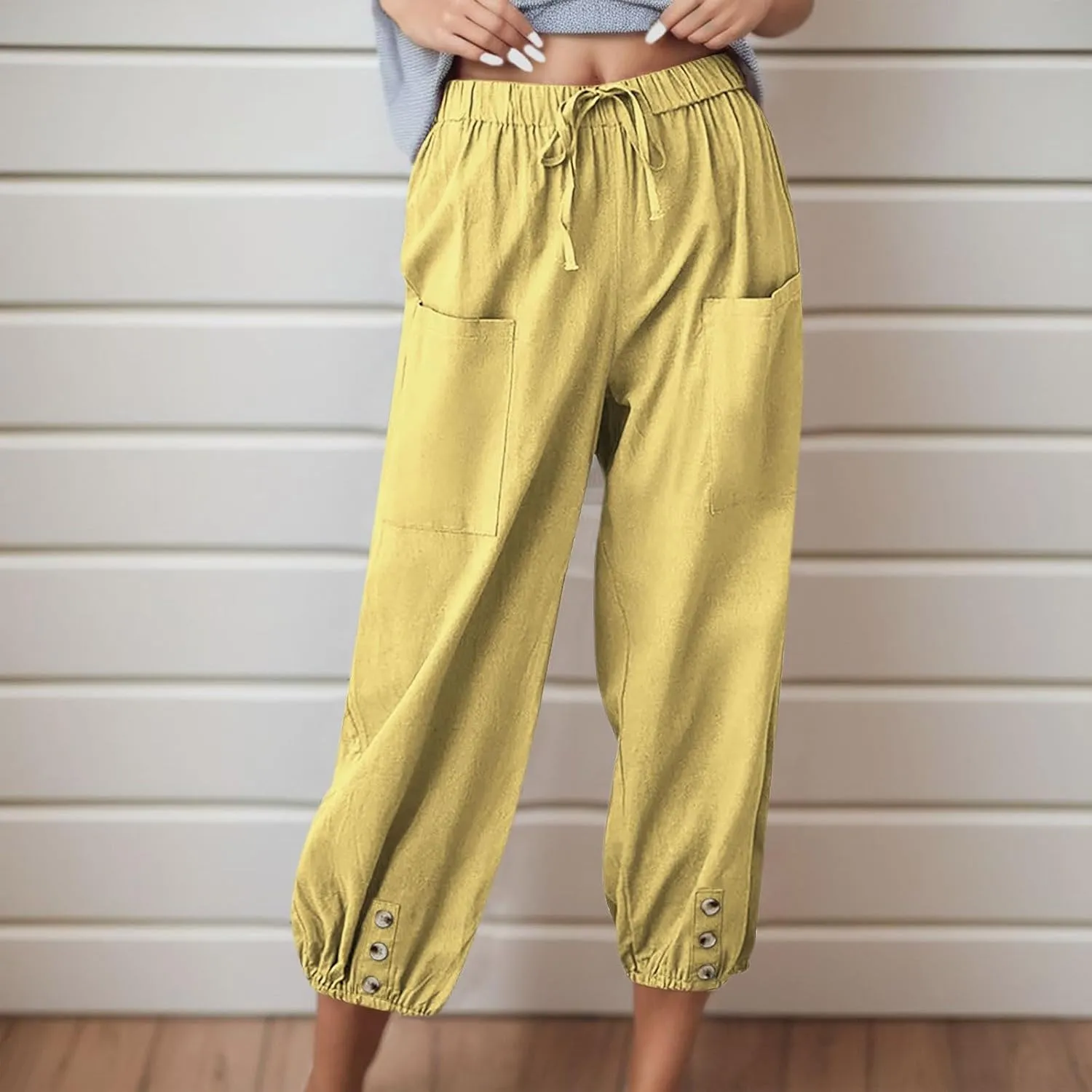 Womens Linen Wide Leg Pants Casual Summer Beach Vacation Harem Pants Drawstring Waist Button Loose Pant with Pockets