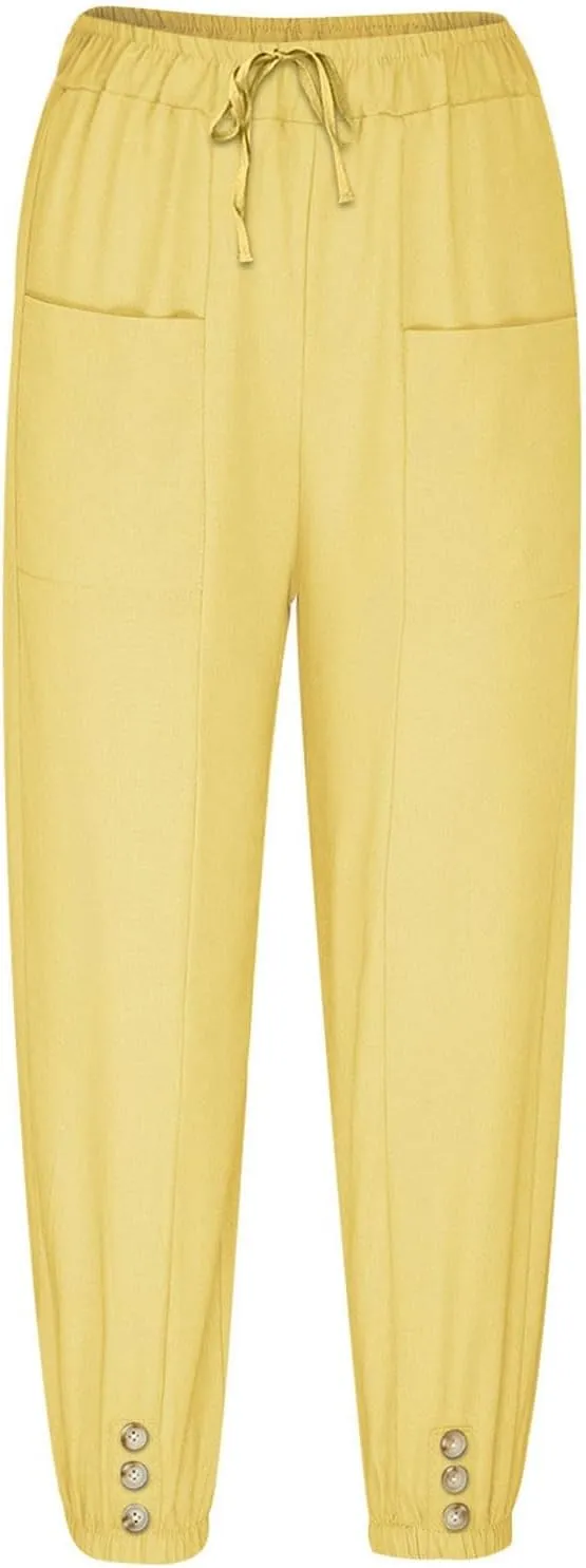 Womens Linen Wide Leg Pants Casual Summer Beach Vacation Harem Pants Drawstring Waist Button Loose Pant with Pockets