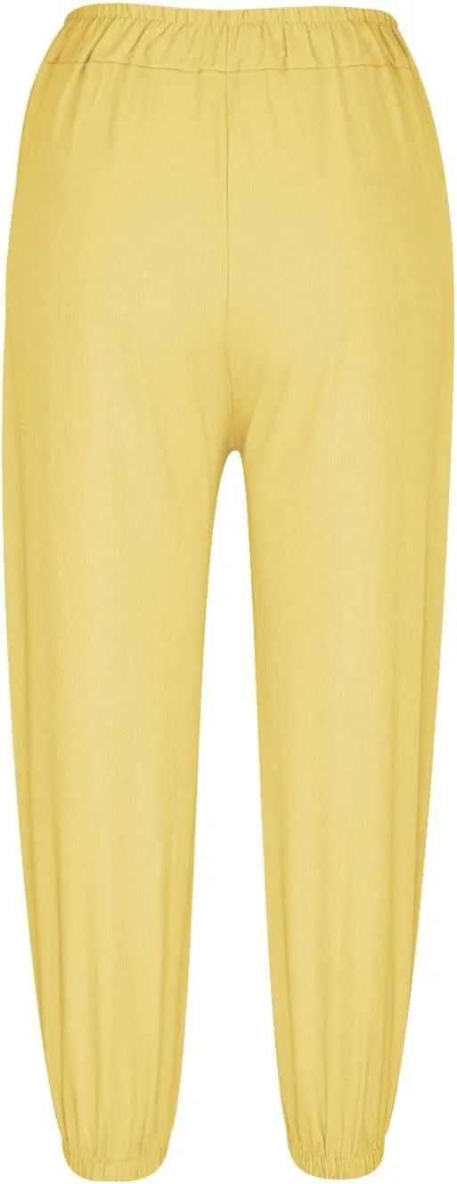 Womens Linen Wide Leg Pants Casual Summer Beach Vacation Harem Pants Drawstring Waist Button Loose Pant with Pockets