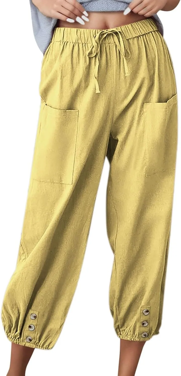 Womens Linen Wide Leg Pants Casual Summer Beach Vacation Harem Pants Drawstring Waist Button Loose Pant with Pockets