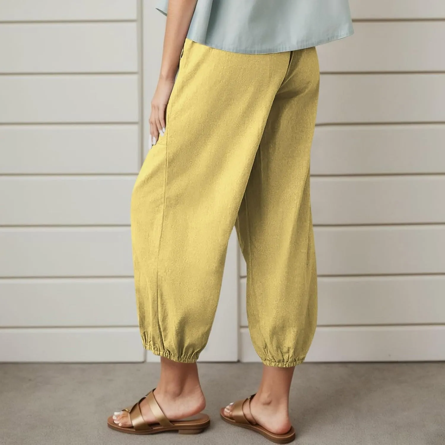 Womens Linen Wide Leg Pants Casual Summer Beach Vacation Harem Pants Drawstring Waist Button Loose Pant with Pockets