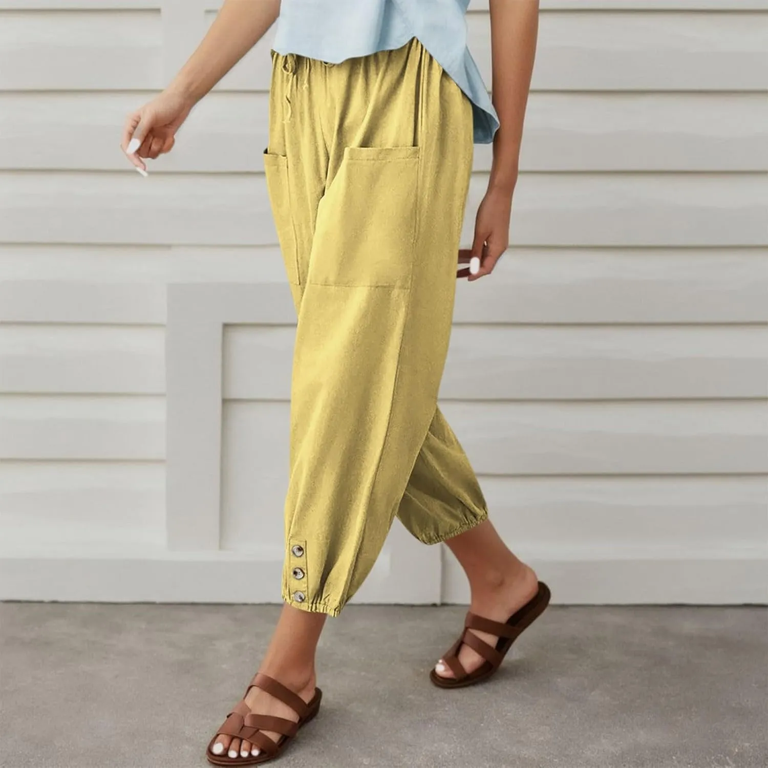 Womens Linen Wide Leg Pants Casual Summer Beach Vacation Harem Pants Drawstring Waist Button Loose Pant with Pockets