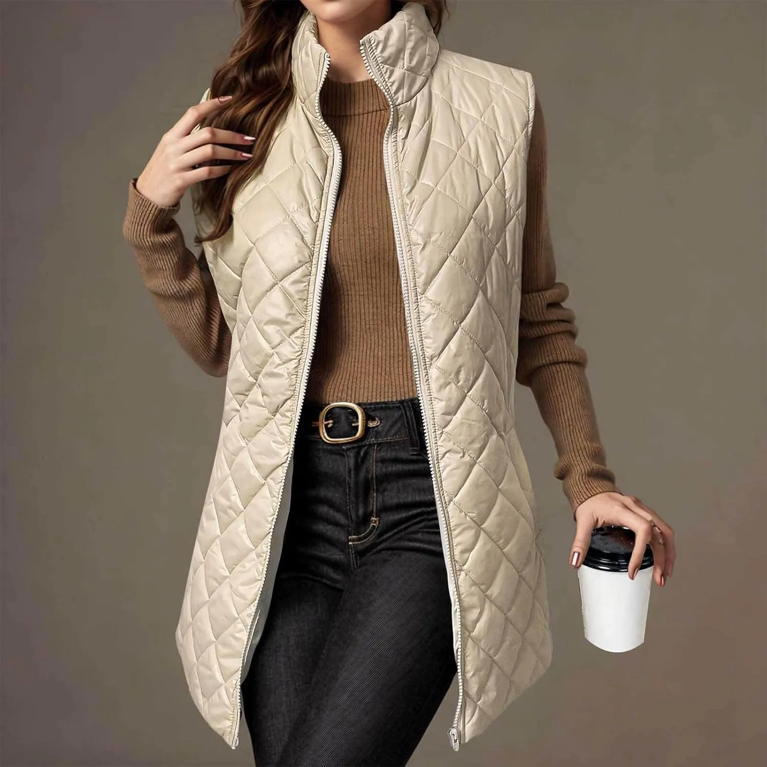 Womens Long Quilted Vest Sleeveless Pockets Full Zip Puff Vest Outerwear Cotton Padded Jacket Gilet Long Winter Coats
