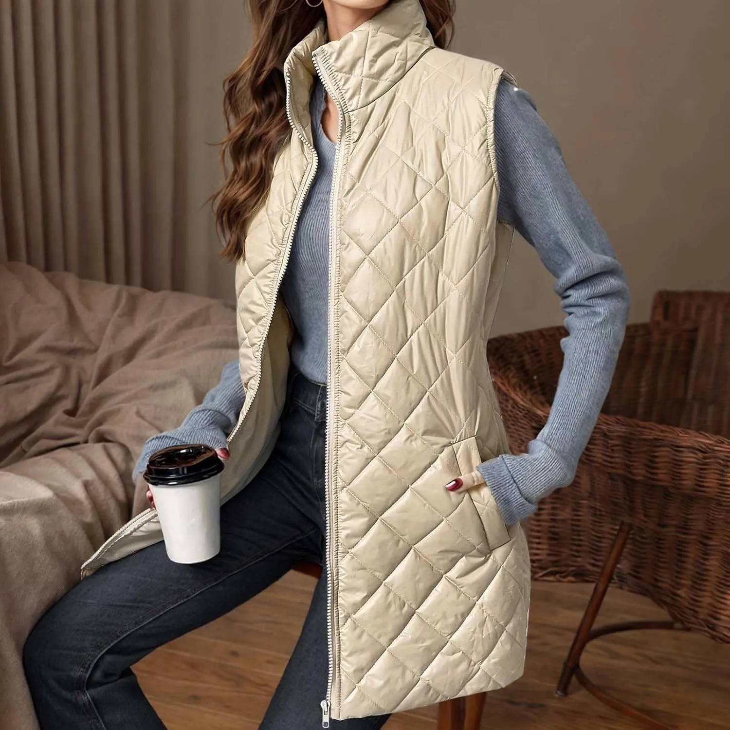 Womens Long Quilted Vest Sleeveless Pockets Full Zip Puff Vest Outerwear Cotton Padded Jacket Gilet Long Winter Coats